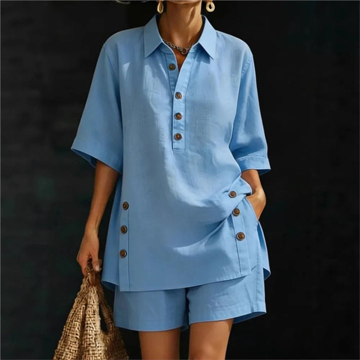 Solena | Camisa de manga curta com gola lapela e calças com bolsos laterais