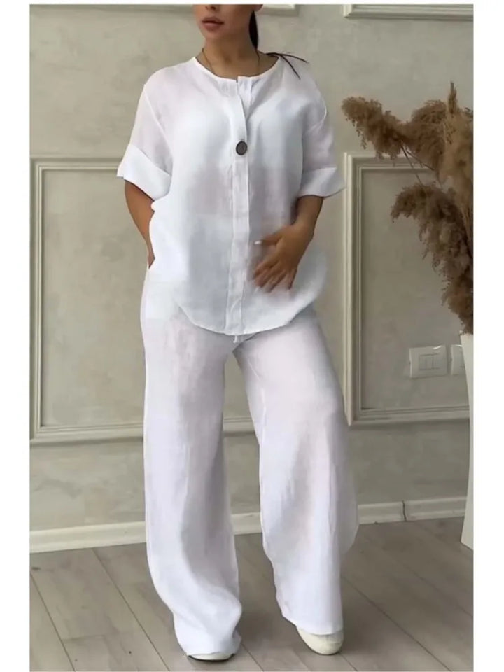 Mariana | Conjunto de Top Casual com Decote em V e Calças de Perna Larga