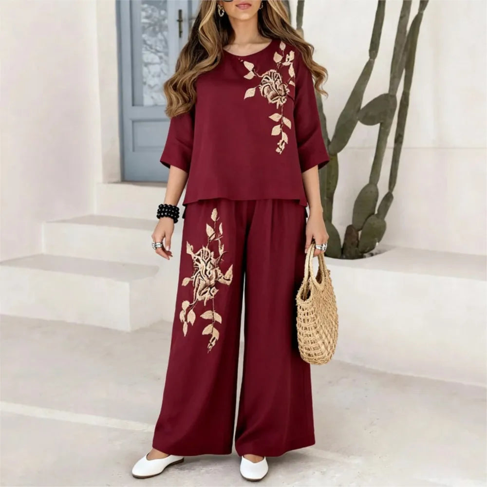 Felena | Conjunto de Calças Bordadas de Cintura Larga Elegante