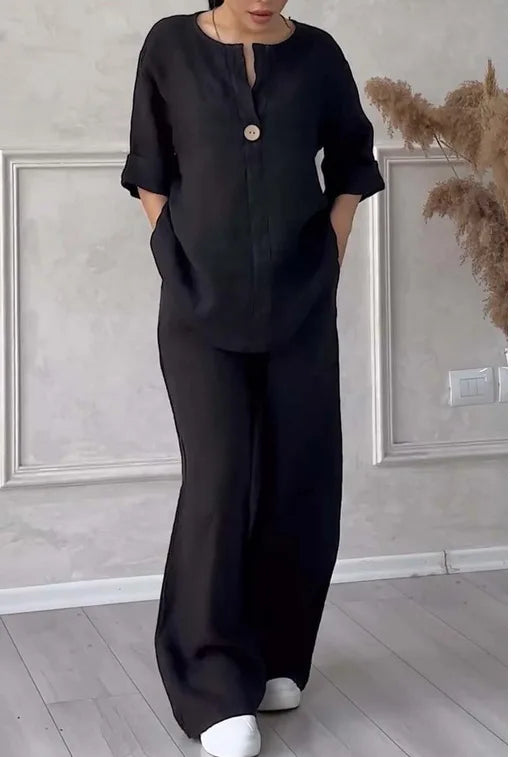 Mariana | Conjunto de Top Casual com Decote em V e Calças de Perna Larga