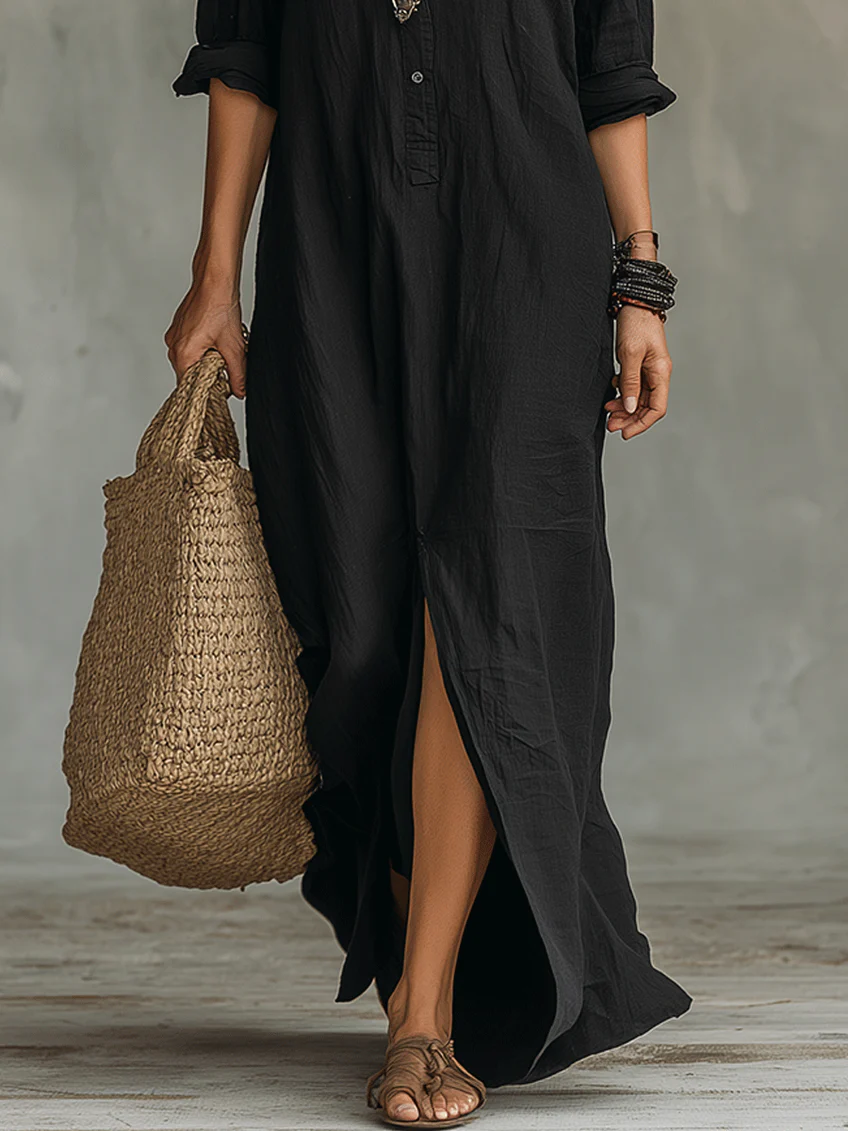 Soline™ | Vestido Maxi Preto Solto com Botões
