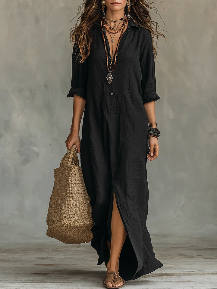 Soline™ | Vestido Maxi Preto Solto com Botões