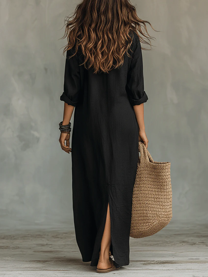 Soline™ | Vestido Maxi Preto Solto com Botões