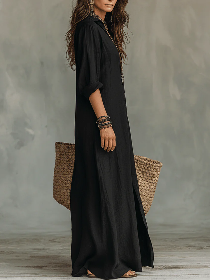 Soline™ | Vestido Maxi Preto Solto com Botões
