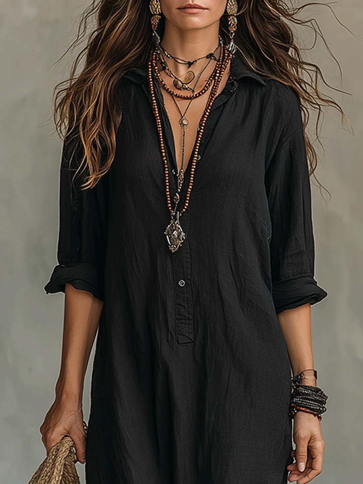 Soline™ | Vestido Maxi Preto Solto com Botões