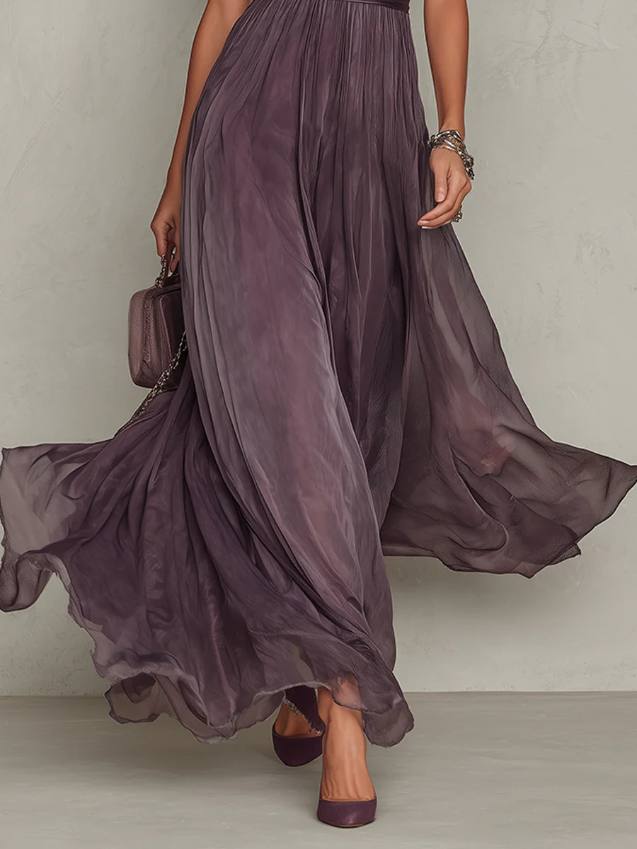 Flavia | Vestido longo roxo com decote em gota e acabamento em renda chiffon