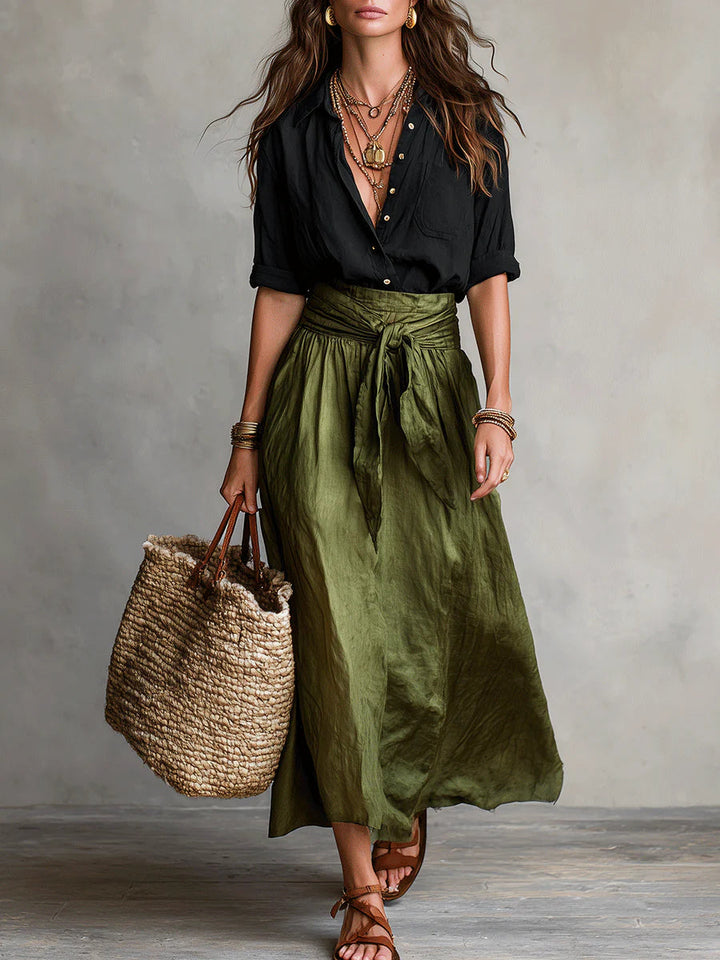 Vera – Conjunto de Dois Peças: Camiseta Preta e Saia Midi Verde Oliva