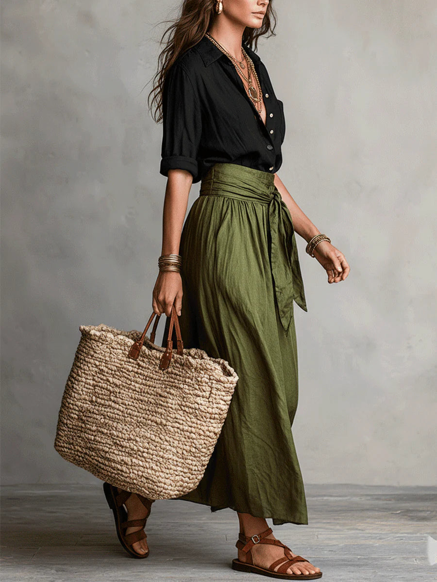 Vera – Conjunto de Dois Peças: Camiseta Preta e Saia Midi Verde Oliva