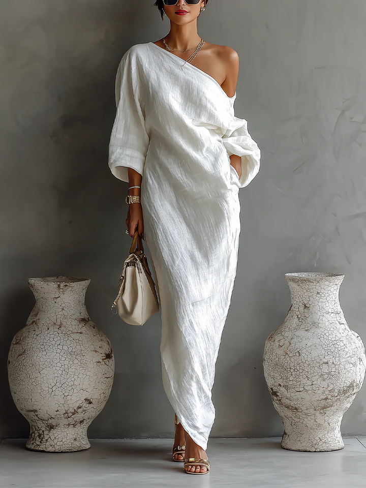 Elise™ | Vestido Maxi Elegante de Um Ombro em Branco