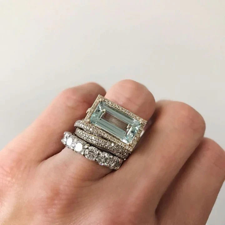 Conjunto de Anéis de Vidro Turquesa Prata Vintage