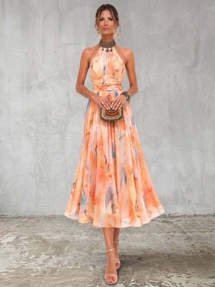 Aurora™ | Vestido com Decote Halter e Estampa Aquarela