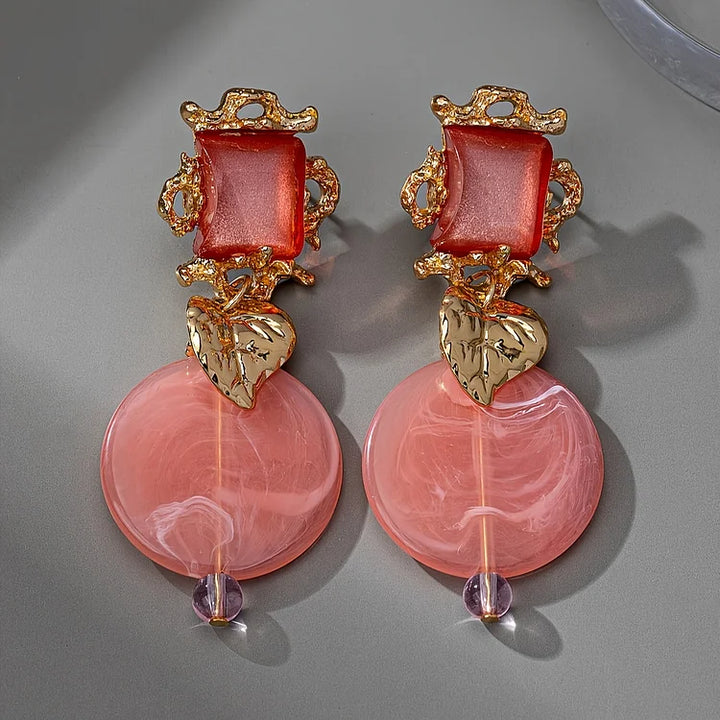 Golden Leaf With Geometric Resin Inlaid Dangle Earrings