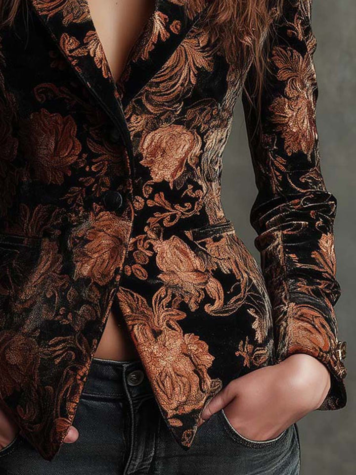 Blazer Feminino Preto e Bronze com Estampa Floral