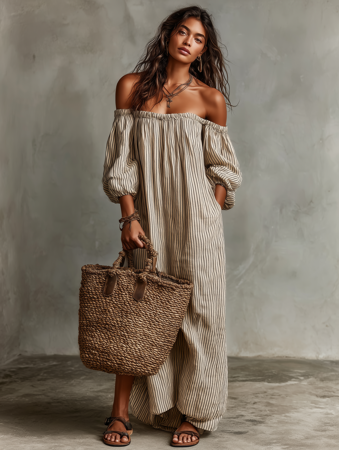 Carmen | Vestido longo de algodão e linho com design off-the-shoulder
