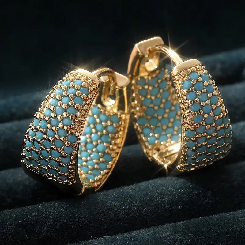 Brincos de Argola com Contas de Turquesa em Tom Dourado