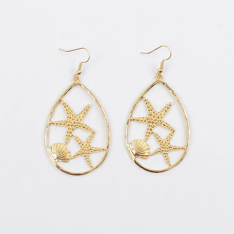 Brincos vintage boêmios geométricos em forma de estrela do mar e concha