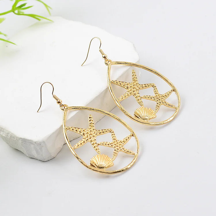 Brincos vintage boêmios geométricos em forma de estrela do mar e concha