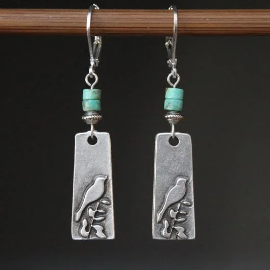Brincos vintage de pássaro boho em prata turquesa