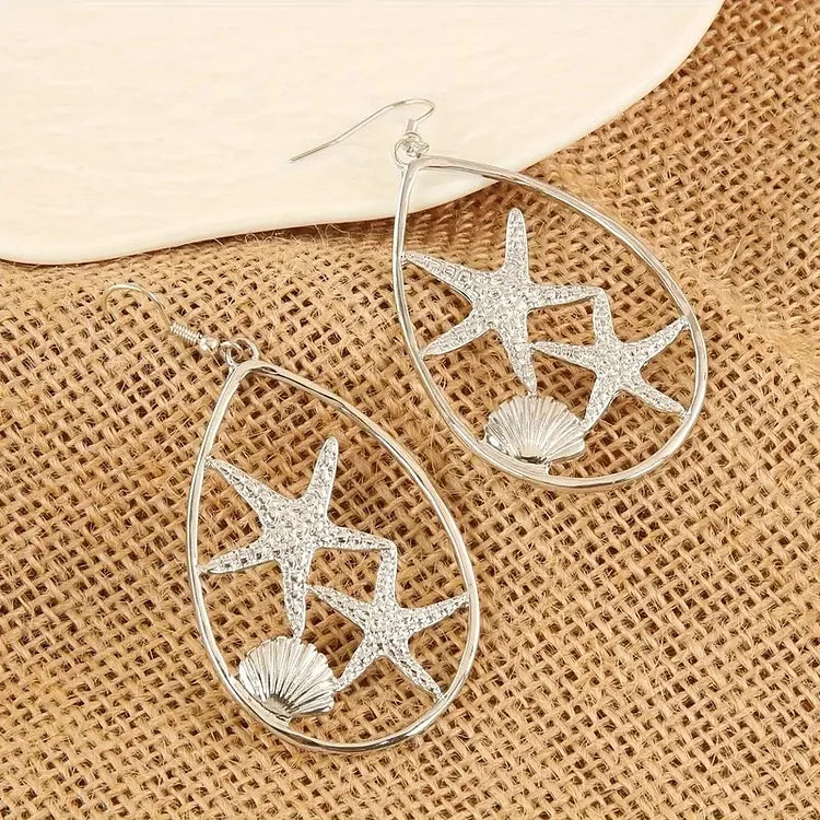 Brincos vintage boêmios geométricos em forma de estrela do mar e concha