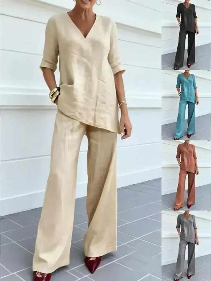 Susana | Conjunto de Duas Peças com Blusa de Manga Curta e Calças Retas