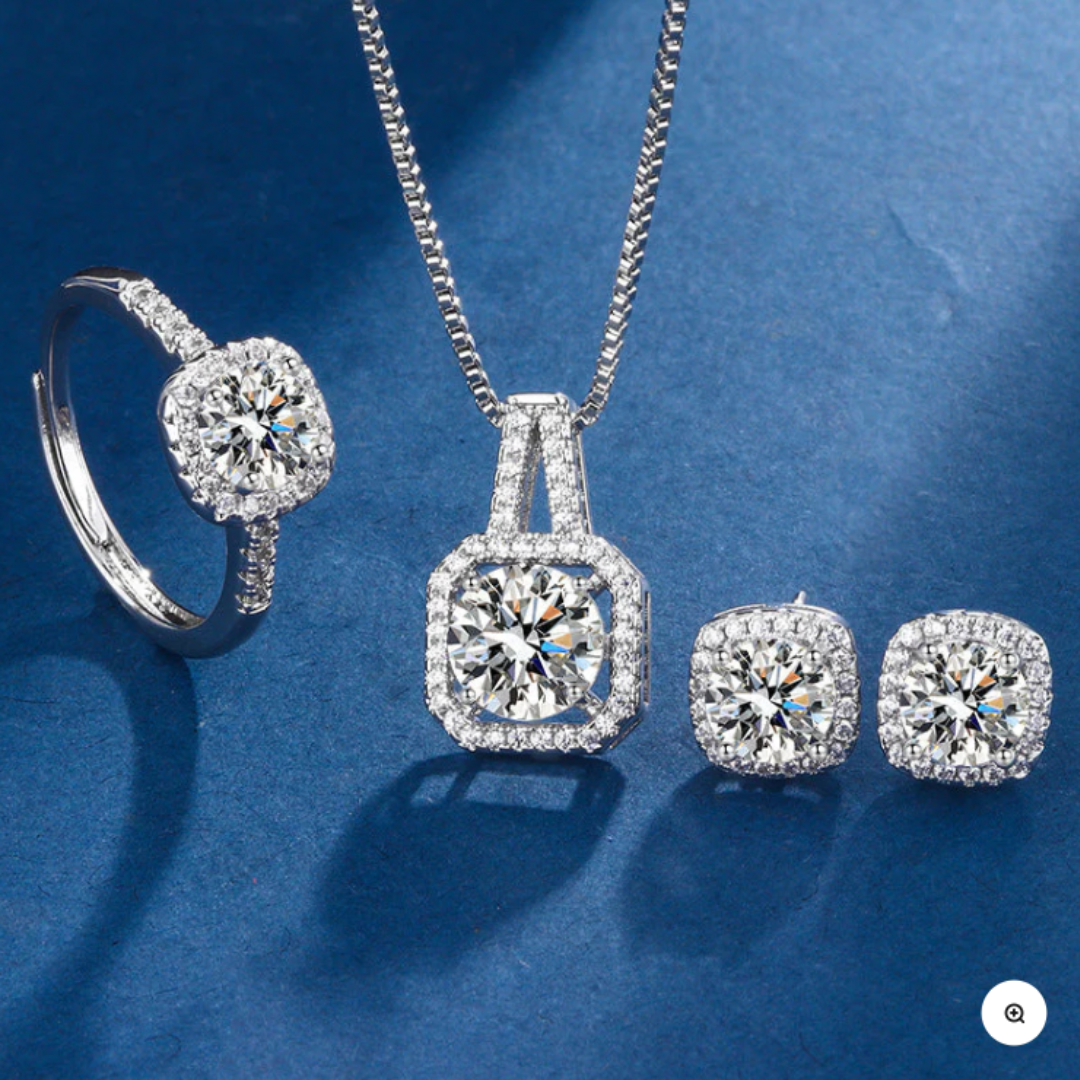 Conjunto Prateado Aria Quadrat com Cristais Radiantes
