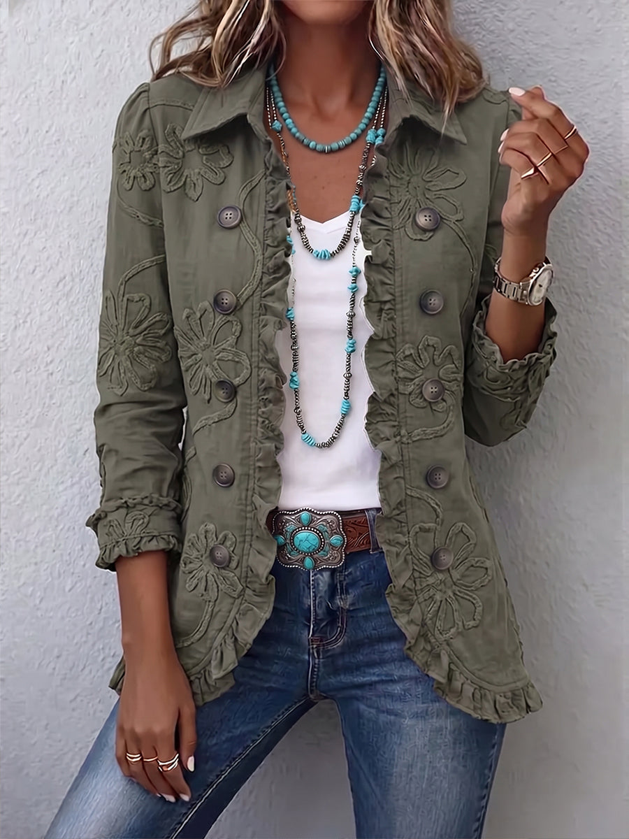 Kamberly™ | Jaqueta Utilitária Floral Bordada Boho-Chic com Babados